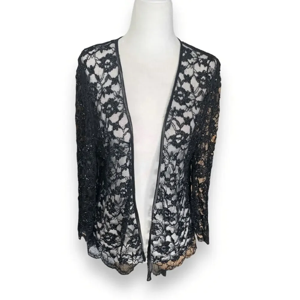 Vintage Laurence Kazar Black Beaded Lace Sheer Open Front Evening Jacket Romance